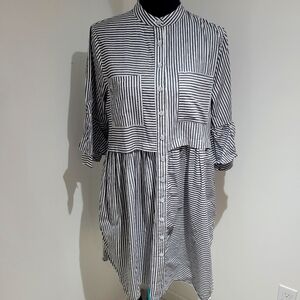 Gabby Isabella Women's Striped Shirt Dress Pockets Size S Gray White Tailored
